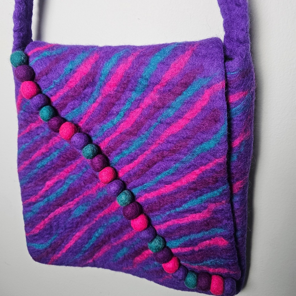 Felted Wool Crossbody Bag Purple Pink Blue Pom Pom Nepal Boho Whimsigoth Artisan